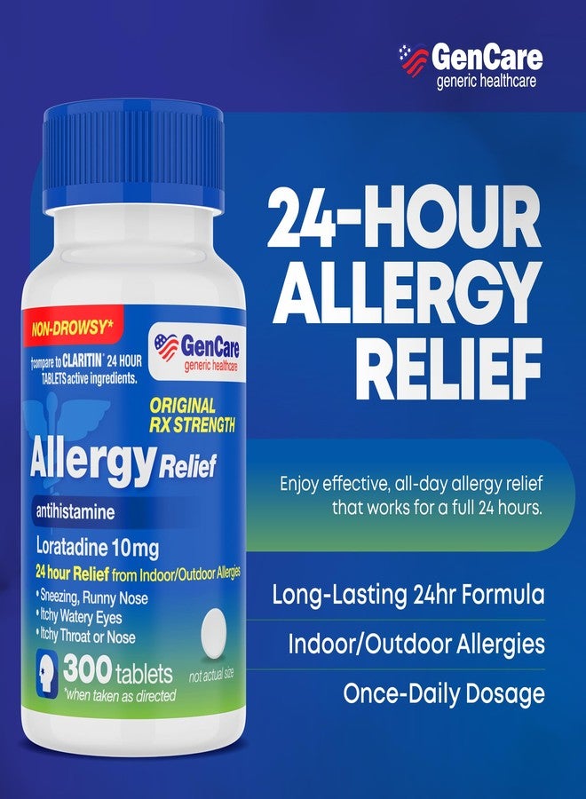 GenCare 24 Hour Nondrowsy Allergy Relief Tablets – Loratadine 10mg 300 Count – Daily Allergy Medicine Non Drowsy Antihistamine for Adults & Kids Age 6+, Generic for Clariten 10 mg, Single Tablet Dose - Image 2